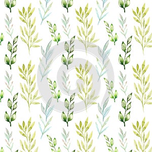 Seamless pattern with watercolor leaves, repeat floral texture, background hand drawing.