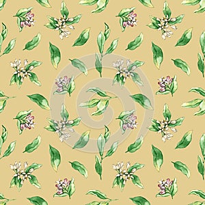 Seamless pattern with watercolor lemon and orange flowers, leaves. Hand drawn illustration is isolated on beige. Floral ornament