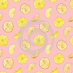 Seamless pattern with watercolor lemon and orange slices. Hand drawn illustration is on pink background. Bright ornament