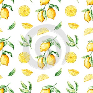 Seamless pattern with watercolor lemon slices and branches. Hand drawn illustration is isolated on white. Fruits ornament