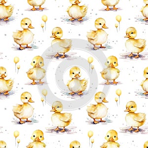 Seamless pattern with watercolor little cute duckling isolated on white background