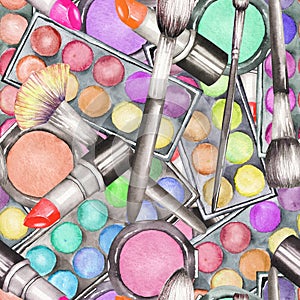 A seamless pattern with the watercolor makeup tools: blusher, eyeshadow, lipstick and makeup brushes.