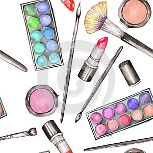 A seamless pattern with the watercolor makeup tools: blusher, eyeshadow, lipstick and makeup brushes.