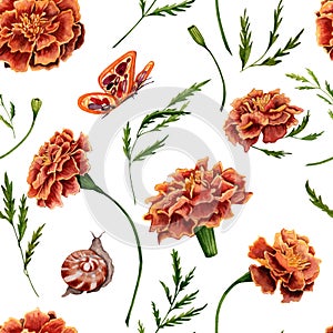 Seamless pattern with watercolor marigold flowers, green delicate leaves, butterfly and snail on transparent background.