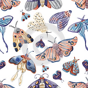 Seamless pattern with watercolor moths