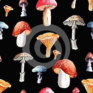 Seamless pattern with watercolor mushrooms