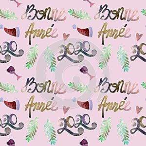Seamless pattern watercolor NEW YEAR 2020 and Merry Christmas, Bonne Annee