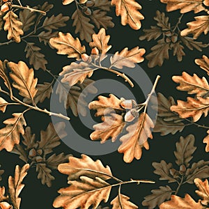 Seamless pattern with watercolor oak leaves and acorns. Hand drawn illustration is on dark background. Painted golden foliage