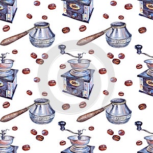 Seamless pattern watercolor old black coffee grinder mill and turk cezve for good morning hot drink with caffeine