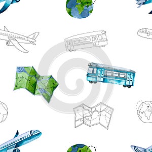 Seamless pattern with watercolor and outline plane, train, map, world. Hand painted trendy illustration isolated on white