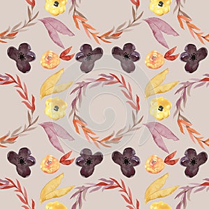 Seamless pattern - watercolor painted autumn flowers pattern