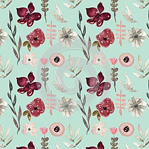 Seamless pattern - watercolor painted autumn flowers pattern