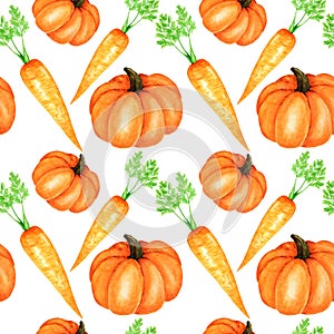 Seamless pattern Watercolor painted collection of orange vegetables pumpkin and carrot. Hand drawn fresh vegan food on