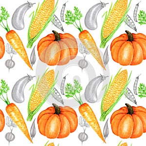 Seamless pattern Watercolor painted collection of orange vegetables pumpkin, corn, carrot. Hand drawn fresh vegan food