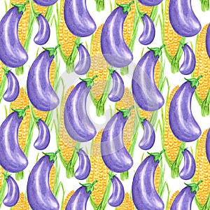 Seamless pattern Watercolor painted collection of vegetables yellow corn and purple eggplant. Hand drawn fresh vegan