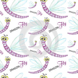 Seamless pattern Watercolor painted Funny bright cartoon insects collection. Dragonfly on withe background. Beautiful