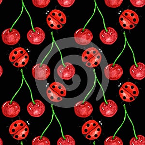 Seamless pattern Watercolor painted red cherry. Cartoon Funny bright insects Hand drawn fresh vegan food and ladybug on