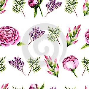 Seamless pattern of watercolor peonies, sprigs and berries. Isolated hand painted flowers and leaves on white
