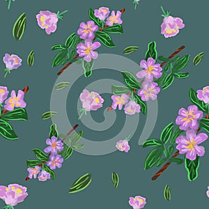 Seamless pattern with watercolor pink apple flowers, leaves and branches on dark green background. Elegant spring print. Packaging