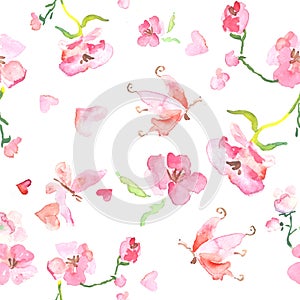 Seamless pattern of watercolor pink blooming flowers and butterfly, Valentines Day, Mothers Day