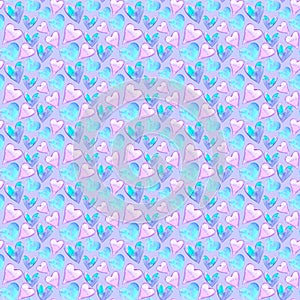 Seamless pattern with watercolor pink blue hearts. Romantic love hand drawn backgrounds texture. For greeting cards  wrapping