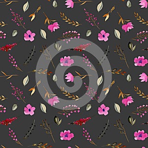 Seamless pattern with watercolor pink, brown and grey simple floral elements