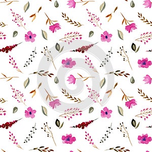 Seamless pattern with watercolor pink, brown and grey simple floral elements