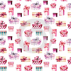 Seamless pattern with watercolor pink gift boxes