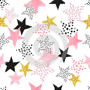 Seamless pattern with watercolor pink and glittering golden stars.