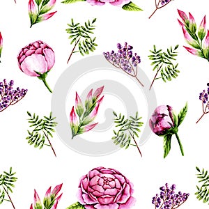 Seamless pattern of watercolor pink peonies, sprigs and berries. Isolated hand painted flowers and leaves on white