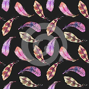 Seamless pattern with watercolor pink, purple and brown feathers