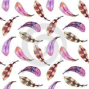 Seamless pattern with watercolor pink, purple and brown feathers