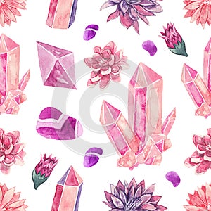 Seamless pattern with watercolor pink and purple flowers, stones and gemstones