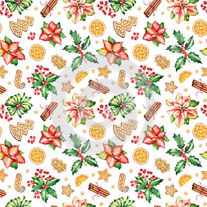 Seamless pattern with watercolor poinsettia flowers, gingerbread cookies, sweets and holly berries
