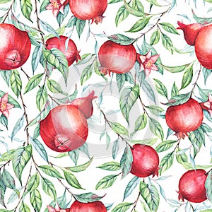 Seamless pattern with watercolor pomegranates (garnets)