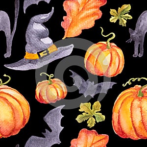 Seamless pattern watercolor pumpkins, hat abd bats