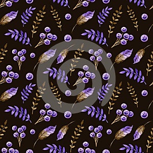 Seamless Pattern of Watercolor Purple and Lilac Leaves, Ferns, Petals and Berries