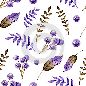 Seamless Pattern of Watercolor Purple and Lilac Leaves, Ferns, Petals and Berries