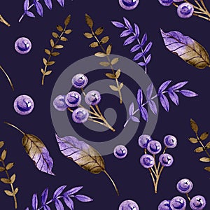 Seamless Pattern of Watercolor Purple and Lilac Leaves, Ferns, Petals and Berries