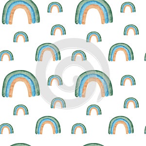 Seamless pattern watercolor rainbows in blue beige and green colors isolated on white background Abstract modern