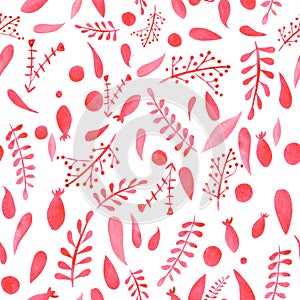 Seamless pattern with watercolor red abstract leaves and branches