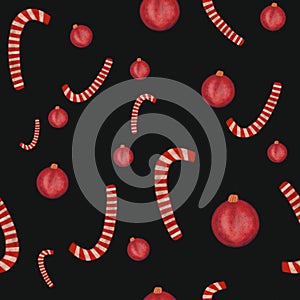 seamless pattern with watercolor red Christmas balls and candy canes on black background. Christmas decorations. Print, packaging