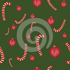 Seamless pattern with watercolor red Christmas balls and candy canes on green background. Christmas decorations. Print, packaging,