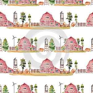 Seamless pattern of watercolor red rustic barns, water tower and windmill