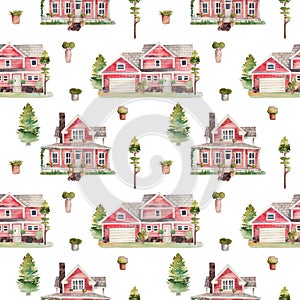 Seamless pattern of watercolor red wooden classic american houses with green trees