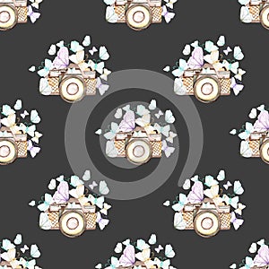 Seamless pattern with watercolor retro cameras and butterflies