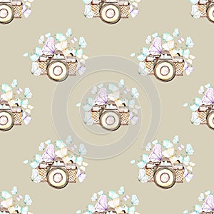 Seamless pattern with watercolor retro cameras and butterflies