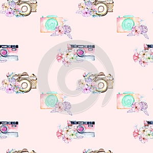 Seamless pattern with watercolor retro cameras in floral decor