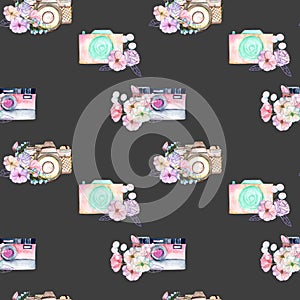 Seamless pattern with watercolor retro cameras in floral decor