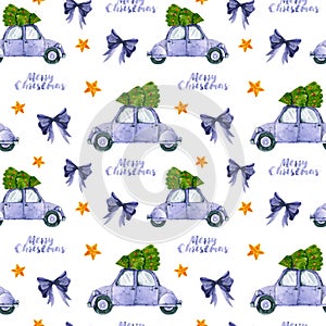 Seamless pattern with watercolor retro car, spruce, star, bow. Hand drawn illustration isolated on white. Template